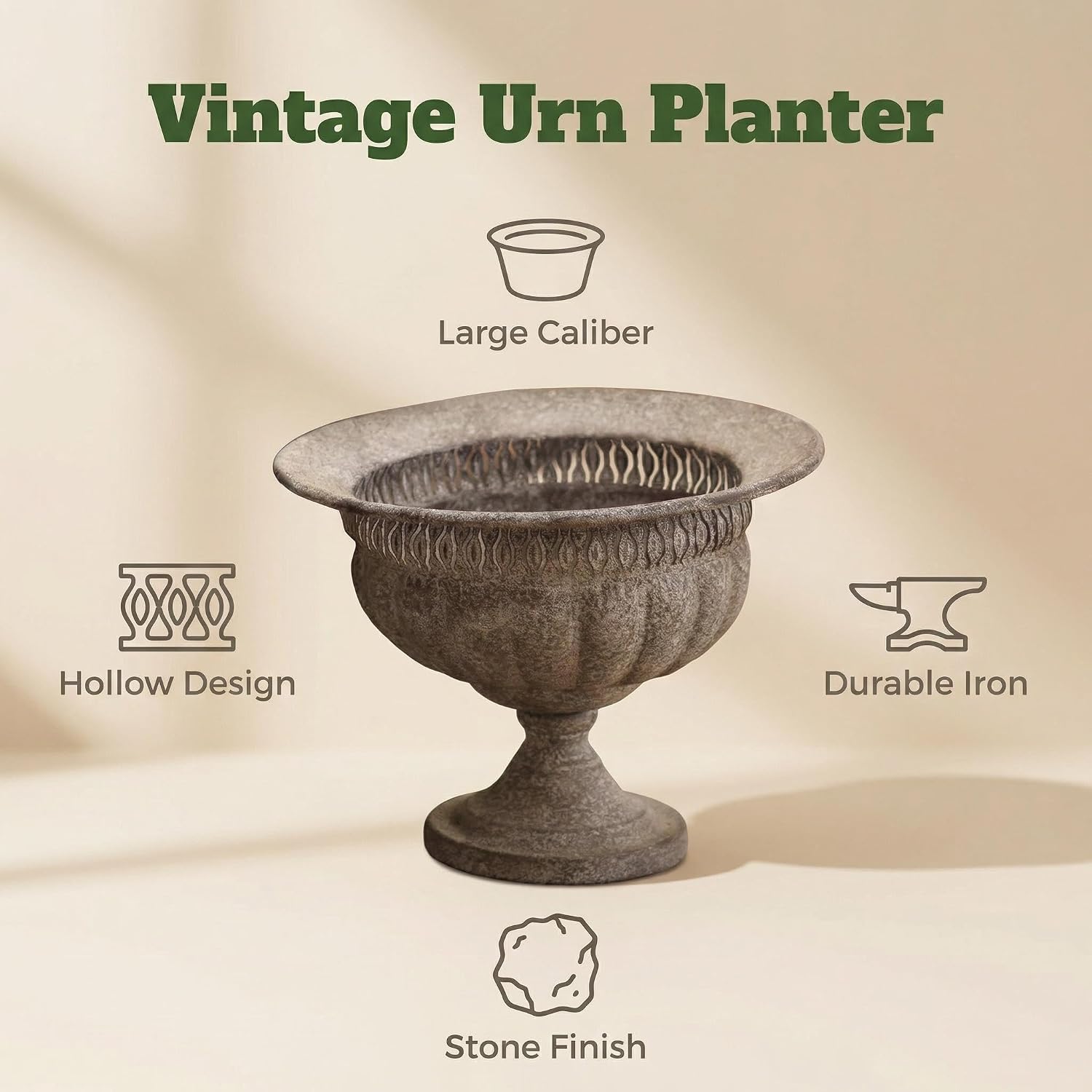 Vintage Urn Planter with Embossed Pattern, Imitation Stone Finish Flower Pot, Distressed Classic Plant Pot for Outdoor