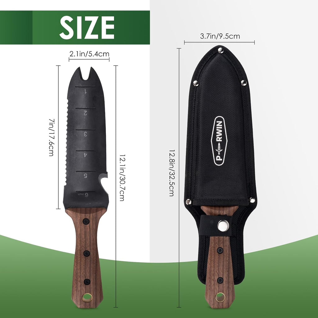 PERWIN Hori Hori Garden Knife, Garden Tools with Sheath for Weeding, Planting, Digging, 7" Stainless Steel Blade with