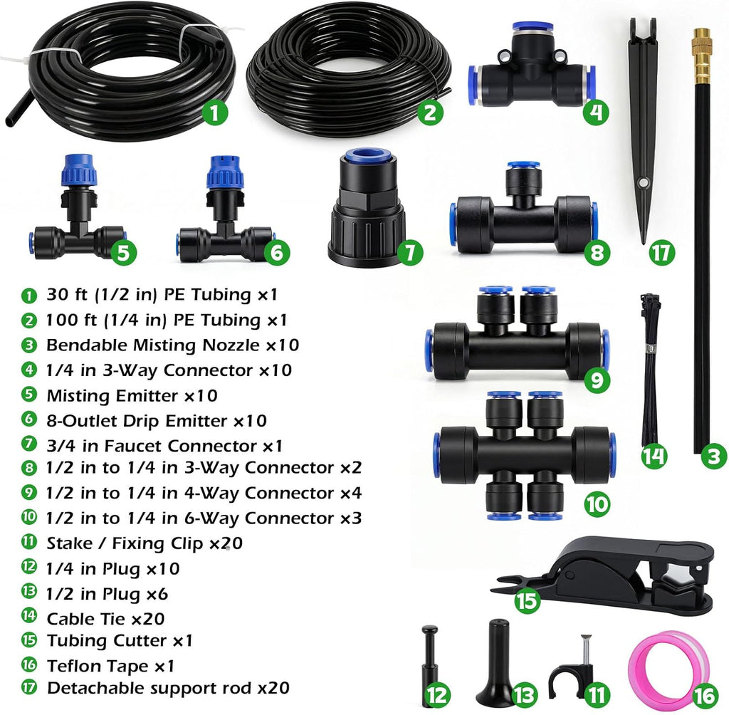 Drip Irrigation System 130FT with 10 Bendable Nozzles, 10 Misting Emitters, 10 8-Outlet Drip Emitters, 1/2 & 1/4 Inch