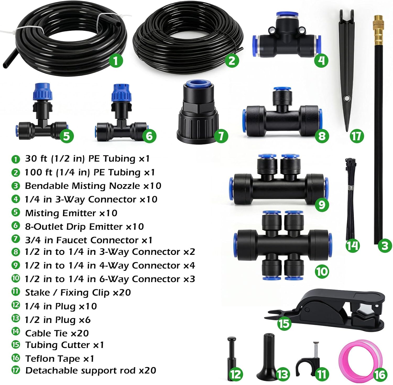 Drip Irrigation System 130FT with 10 Bendable Nozzles, 10 Misting Emitters, 10 8-Outlet Drip Emitters, 1/2 & 1/4 Inch