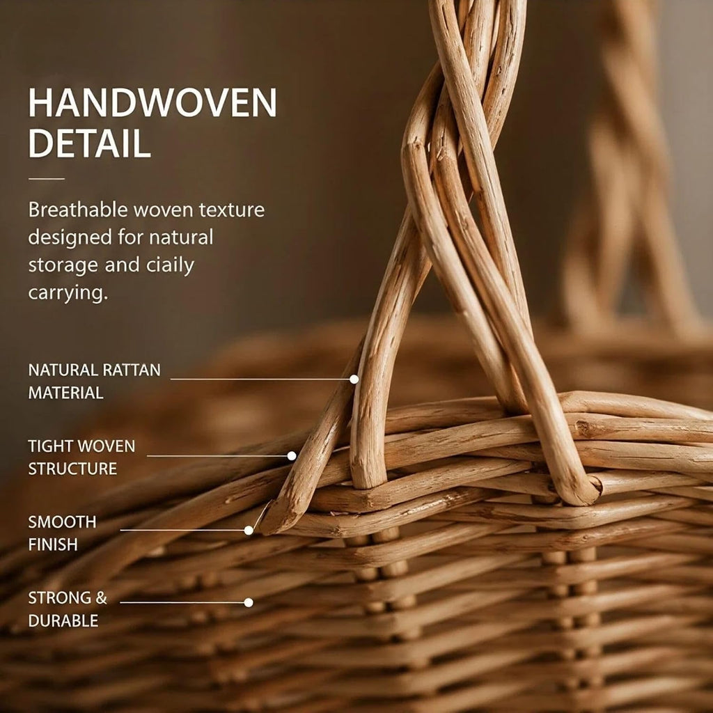 Rattan Basket with Handle, Wicker Garden Harvest Basket for Vegetables and Fruit, Handwoven Picnic Basket for Storage