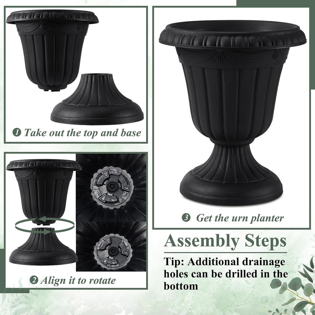 Zhehao 4 Pcs 10 x 12 Inches Black Plastic Urn Planter Classic Flower Pots Front Porch Planters Indoor Outdoor Planters