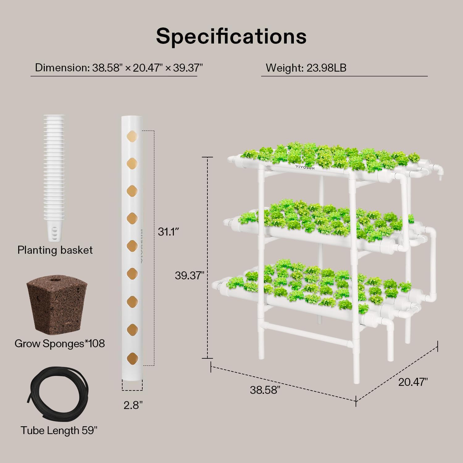 VIVOSUN Hydroponics Growing System 108 Plant Sites, 3 Layers 12 Food-Grade PVC-U Pipes Gardening System Grow Kit with