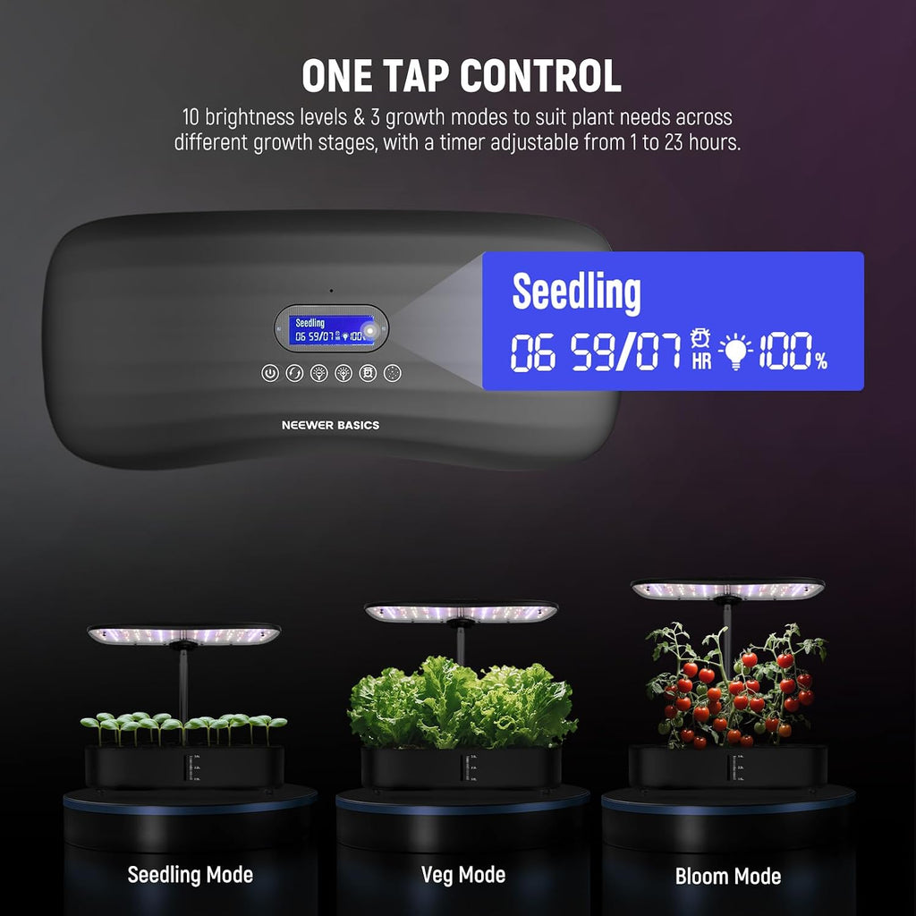 NEEWER Basics Hydroponics Growing System Kit with LED Plant Light/3 Growing Modes/12 Pods/Timer/LCD/Smart Quiet Pump