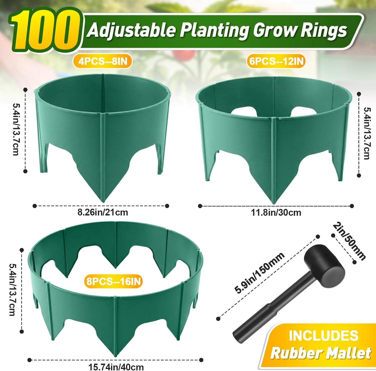 100 Pcs Planting Grow Rings, Diameter Range 8.2-15.7 Inches, Adjustable Interlocking Plant Support Rings with Mallet