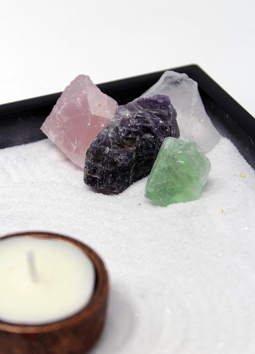 Nature's Mark Mini Zen Garden Kit for Desk with Rake, White Sand, Buddha Figures, Tea-Light Holder Black Square Base