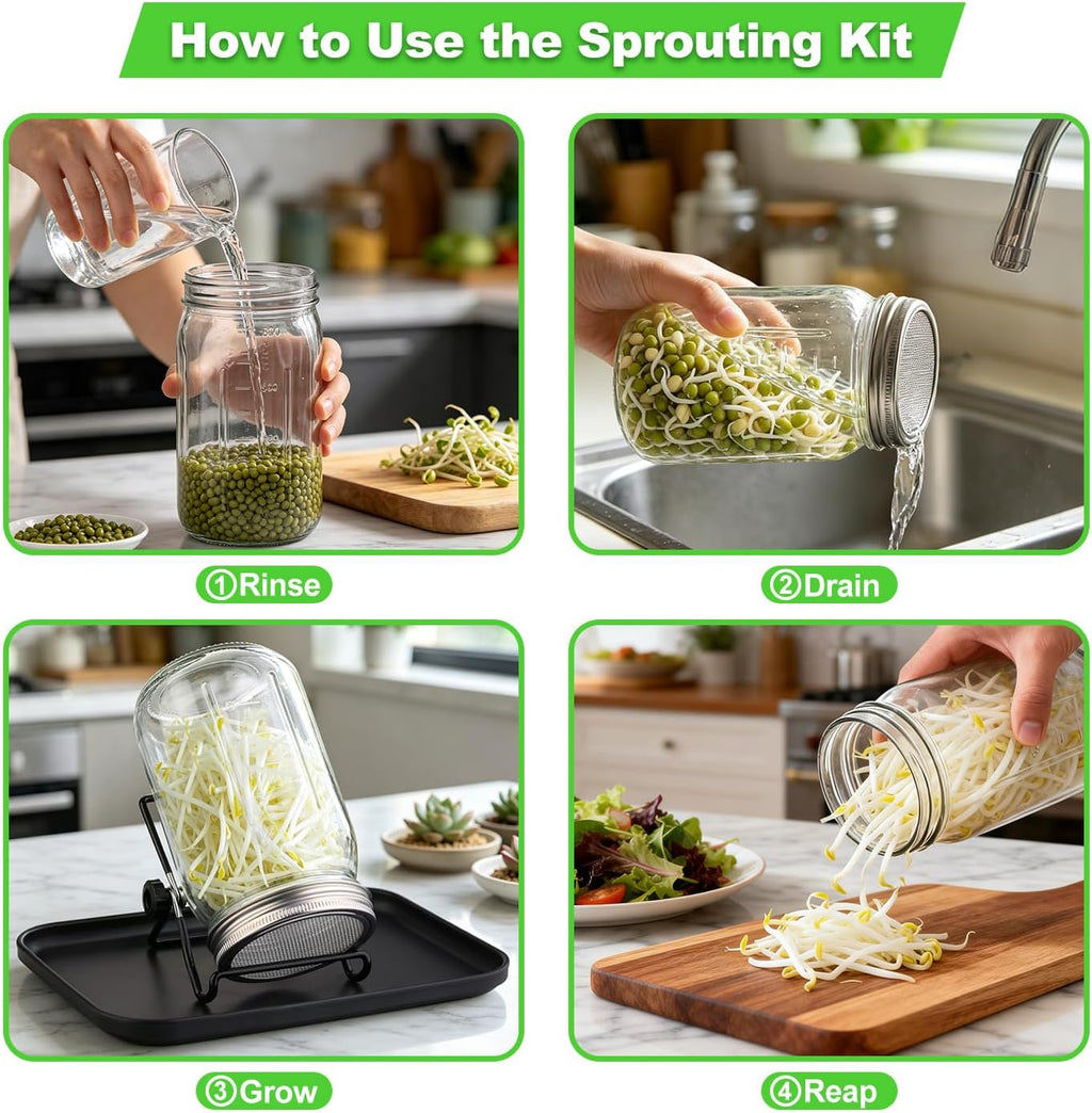 Sprouting Jar Kit 4 PCS 1000ml(35oz) Wide Mouth Mason Jars with 304 Stainless Steel Sprout Lids Drain Tray Stainless