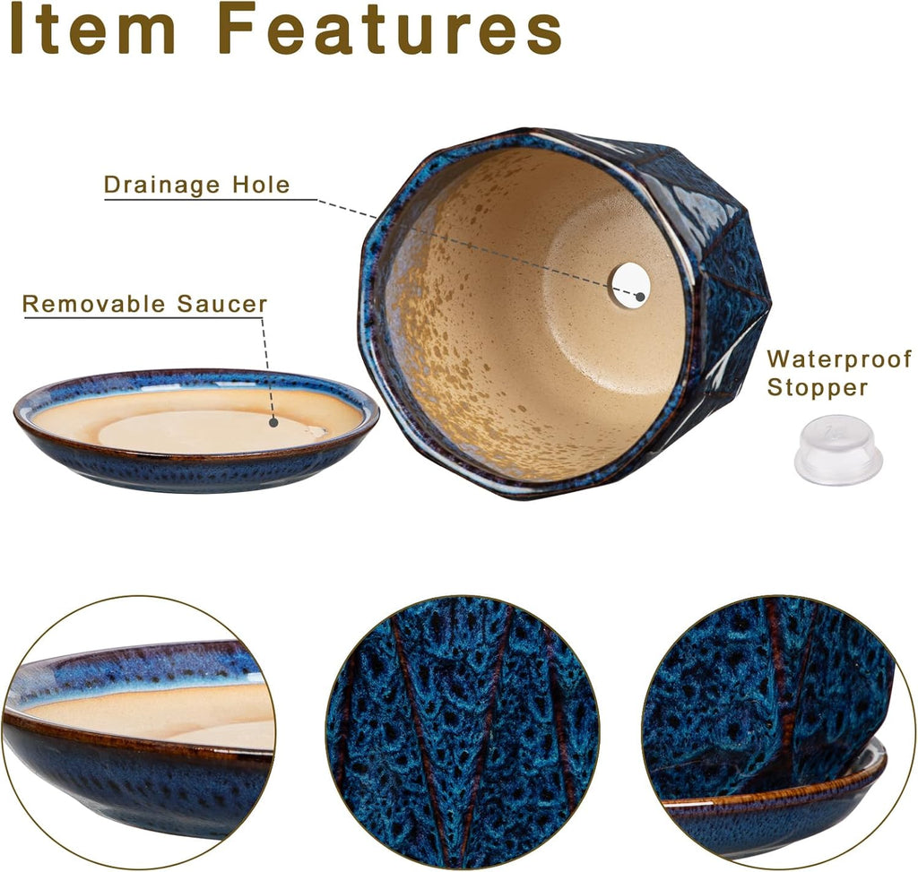 Oairse Ceramic Pots for Plants, 8+6 inch Plant Pots with Drainages Holes & Saucers Large Blue Ceramic Planters