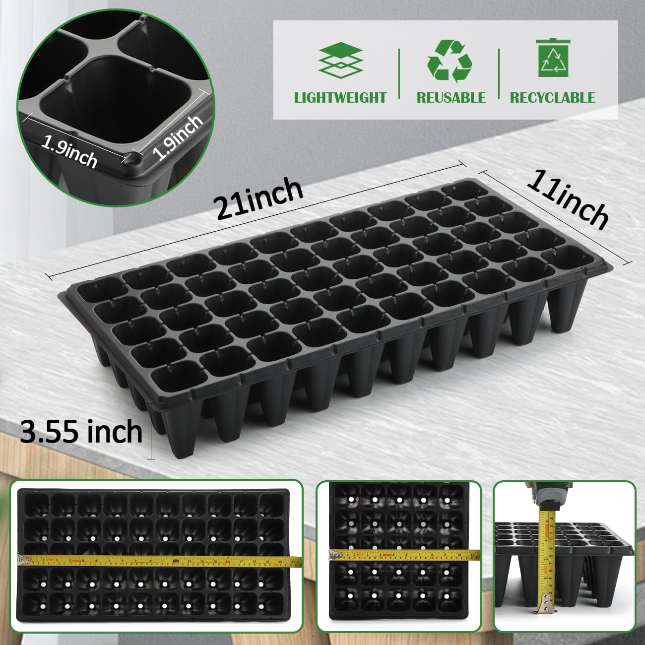 RooTrimmer 50-Pack Extra-Deep 50 Cell Seed Starter Trays, 3.55" Cone-Shaped Plug Trays for 1020 Flats, Heavy-Duty
