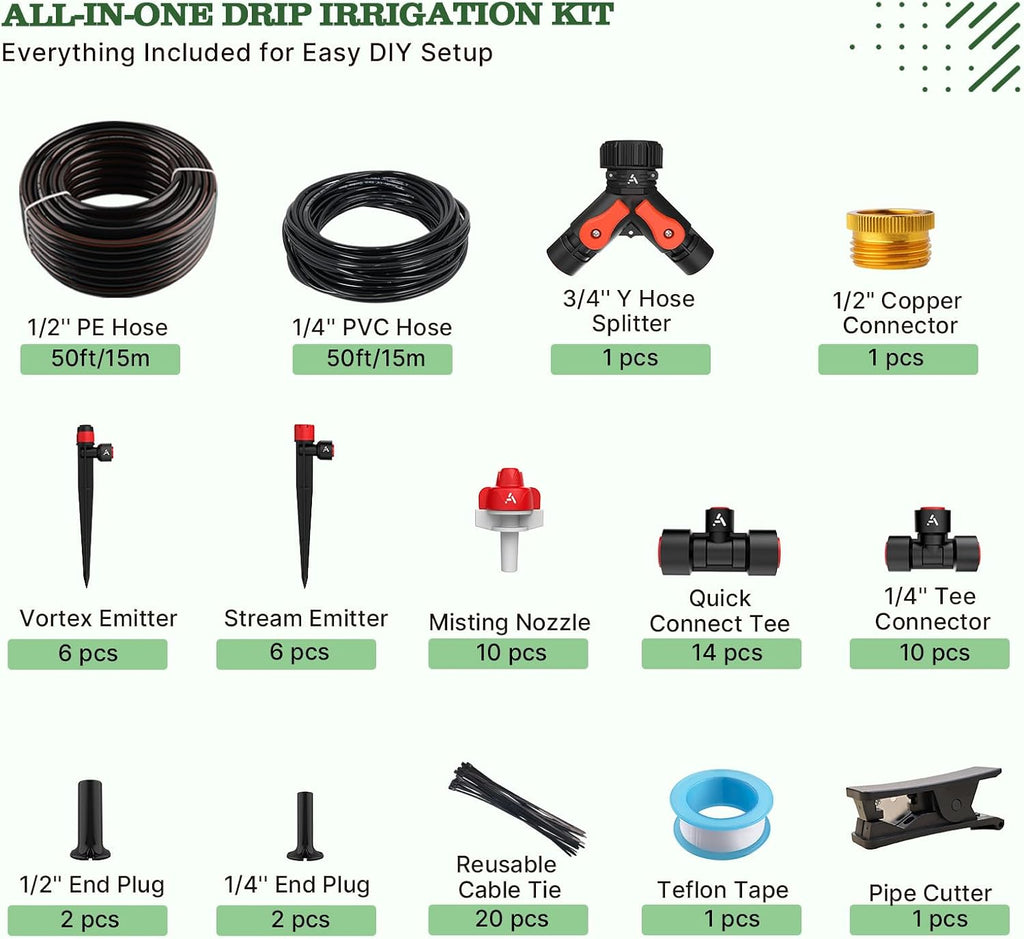 Anleolife 100FT Drip Irrigation Kit, All-in-One Quick-Connect System | 1/2" Mainline + 1/4" Tubing, Y Splitter, 22