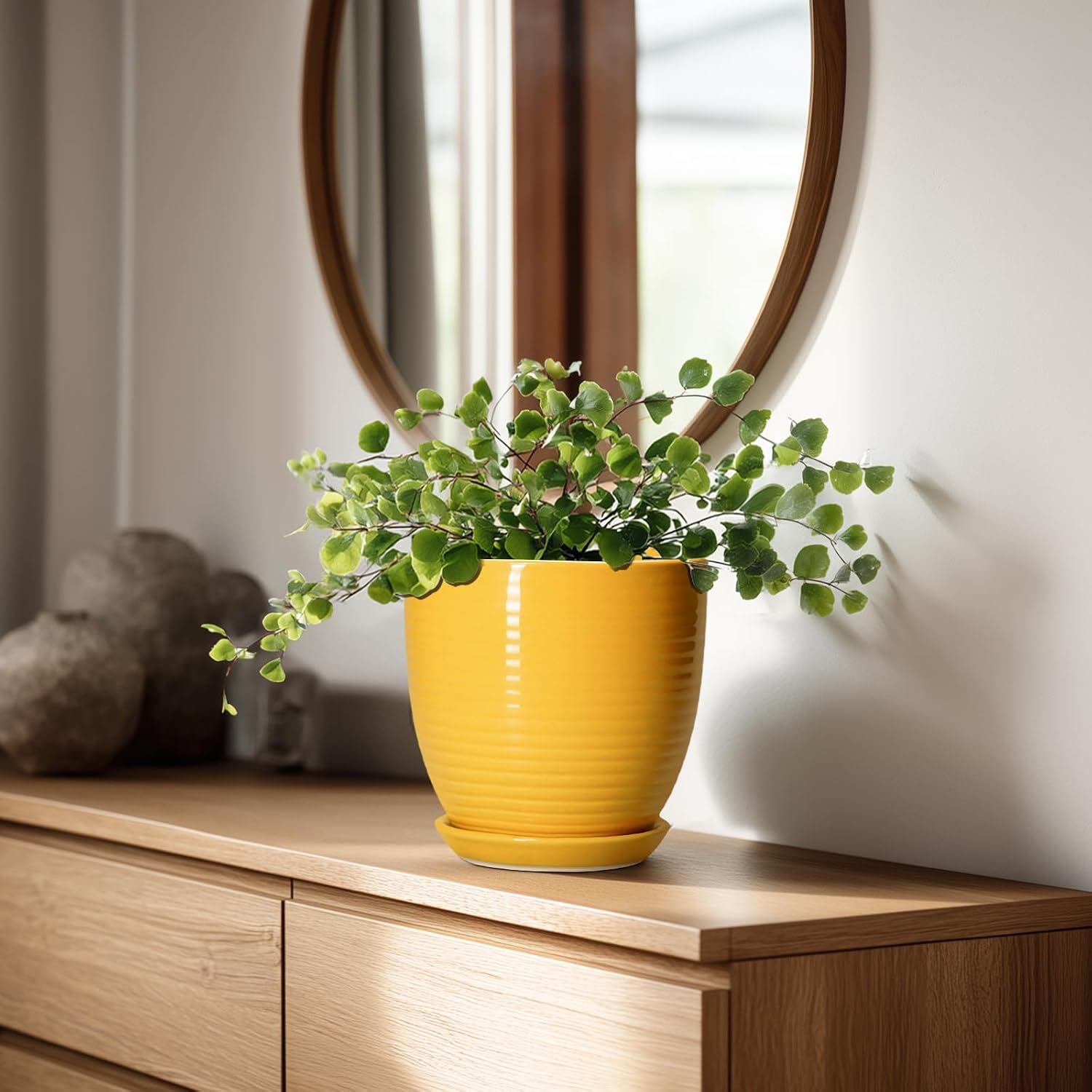 Ceramic Pots for Plants - 6 Inch Plant Pot for Indoor Plants, Ceramic Planter with Drainage Hole and Saucer, Round