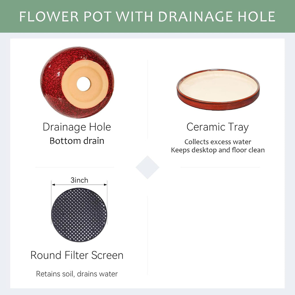 10.3 Inch Ceramic Glaze Plant Pot with Saucer, Flower Pots with Drainage Hole Mesh Net (Spot Red)