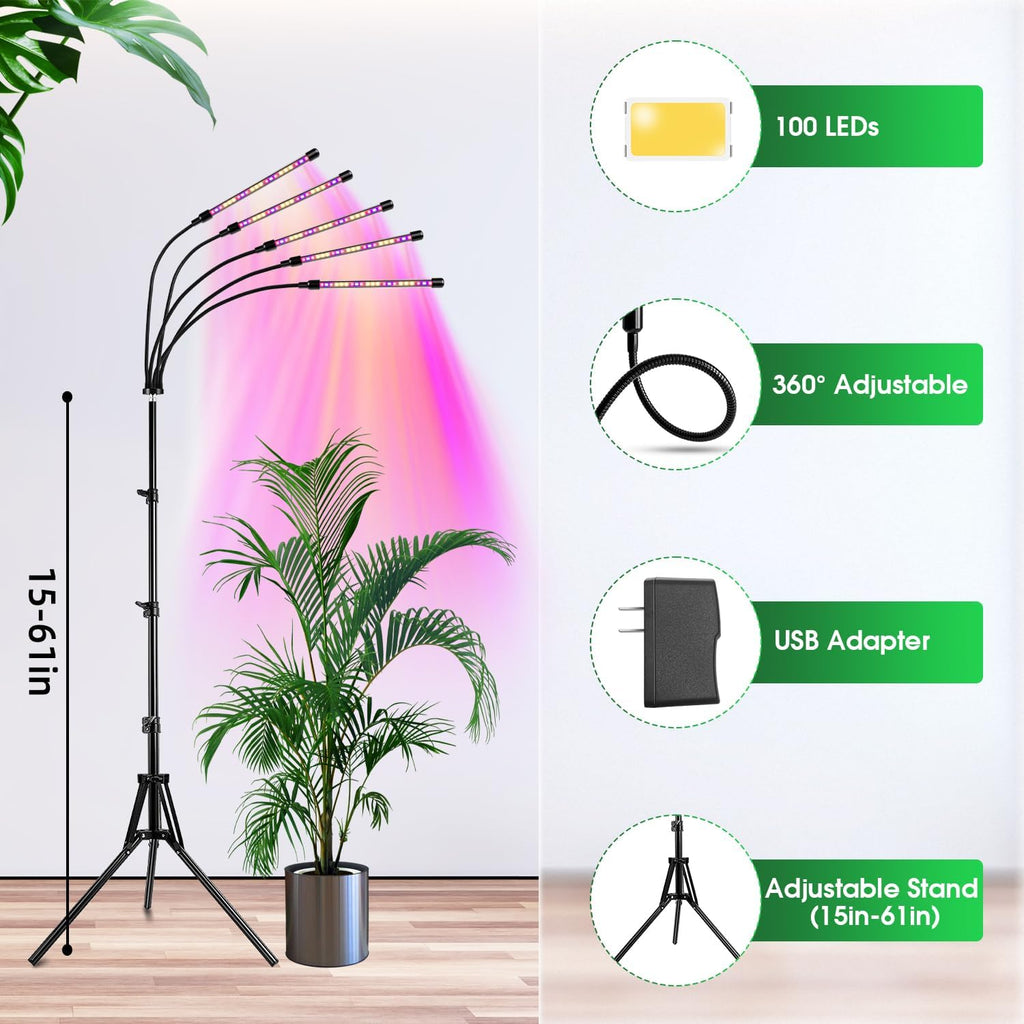 Grow Lights for Indoor Plants with Stand, Red Blue Full Spectrum | 5-Head Gooseneck Plant Lamp, 6/12/16H Auto Timer