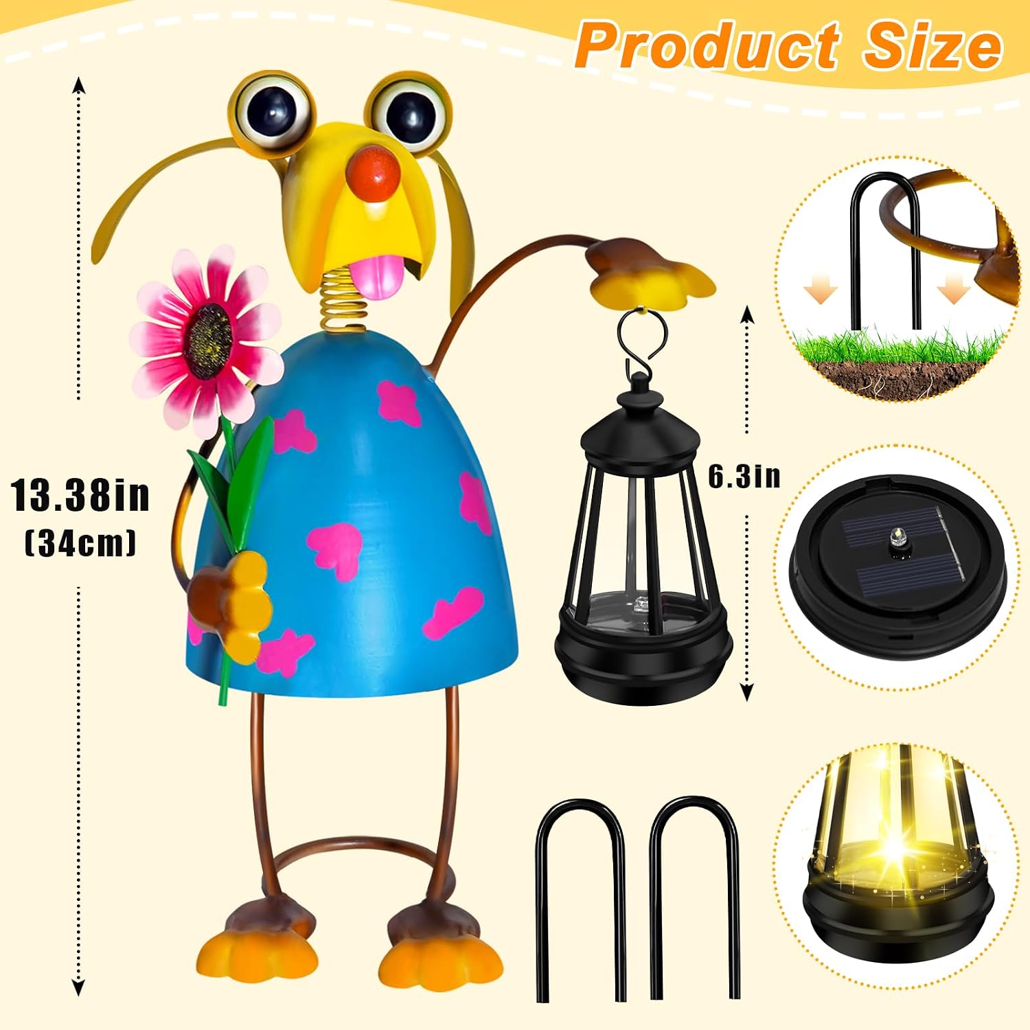 Solar Metal Dog Garden Statue with Lantern, Outdoor Garden Decor Figurine | Bobble Head Spring Neck Wind Wobble Design