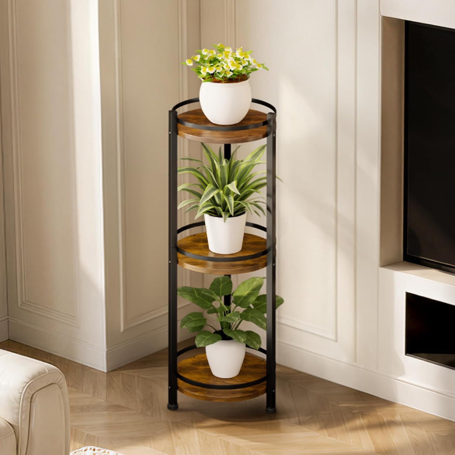 3 Tier Plant Stand Indoor Outdoor for Corner, Rustic | Tall Wood & Metal Plant Shelf, Rustproof Stable Flower Pot