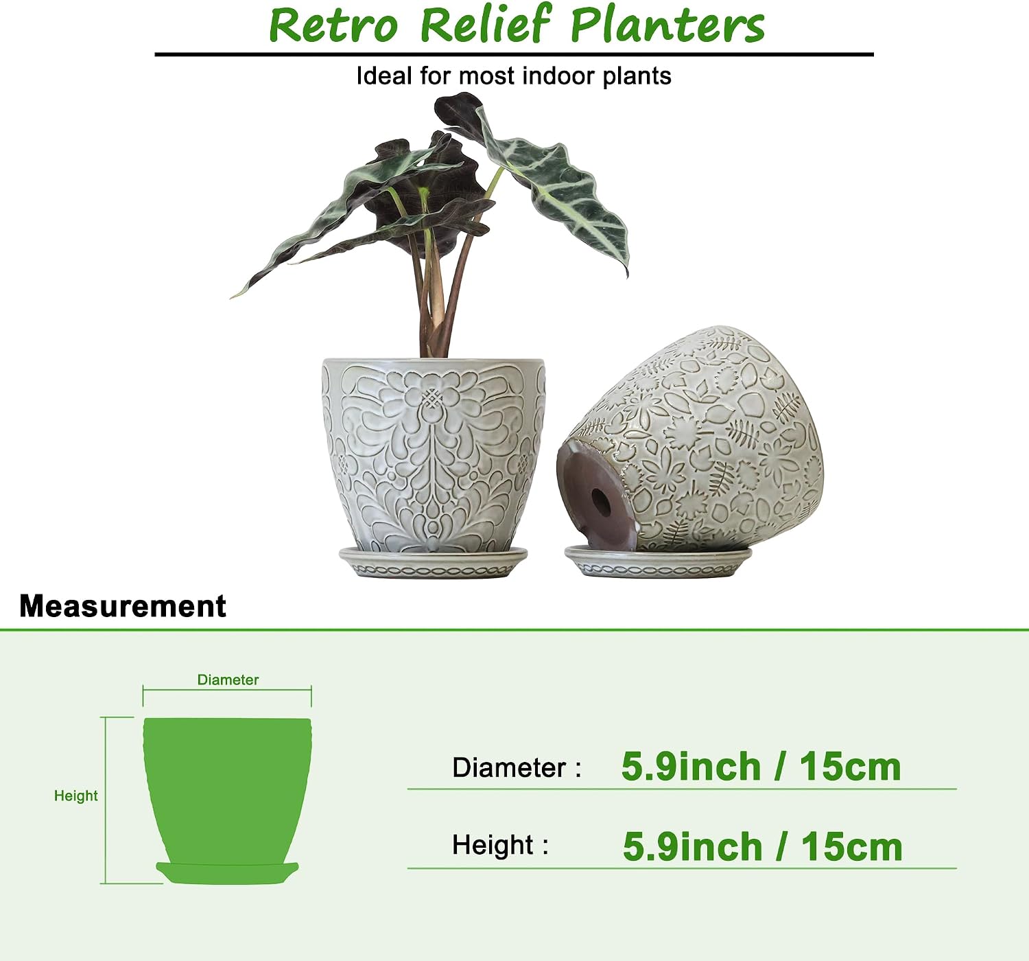 6 Inch Ceramic Planter Pots with Drainage Hole and Saucers for Indoor Plants, Garden Pots for Succulent, Orchid, and