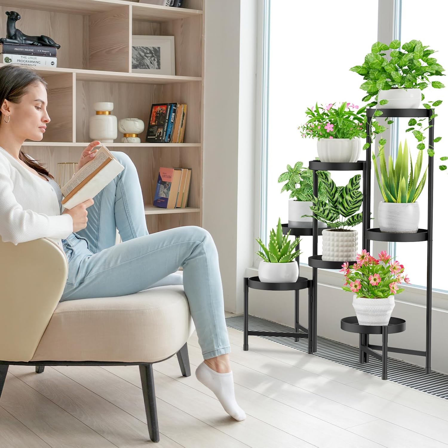 iDavosic.ly Plant Stand Indoor Outdoor, 7 Tier Metal Corner Shelf, Black | Tiered Flower Display Holder, Folding Multi