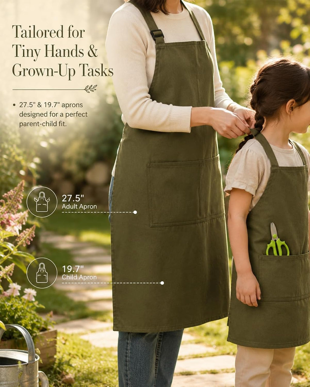 Garden Baskets for Gathering Vegetables Family Harvest Set | Adult and child aprons, collapsible picking baskets, and
