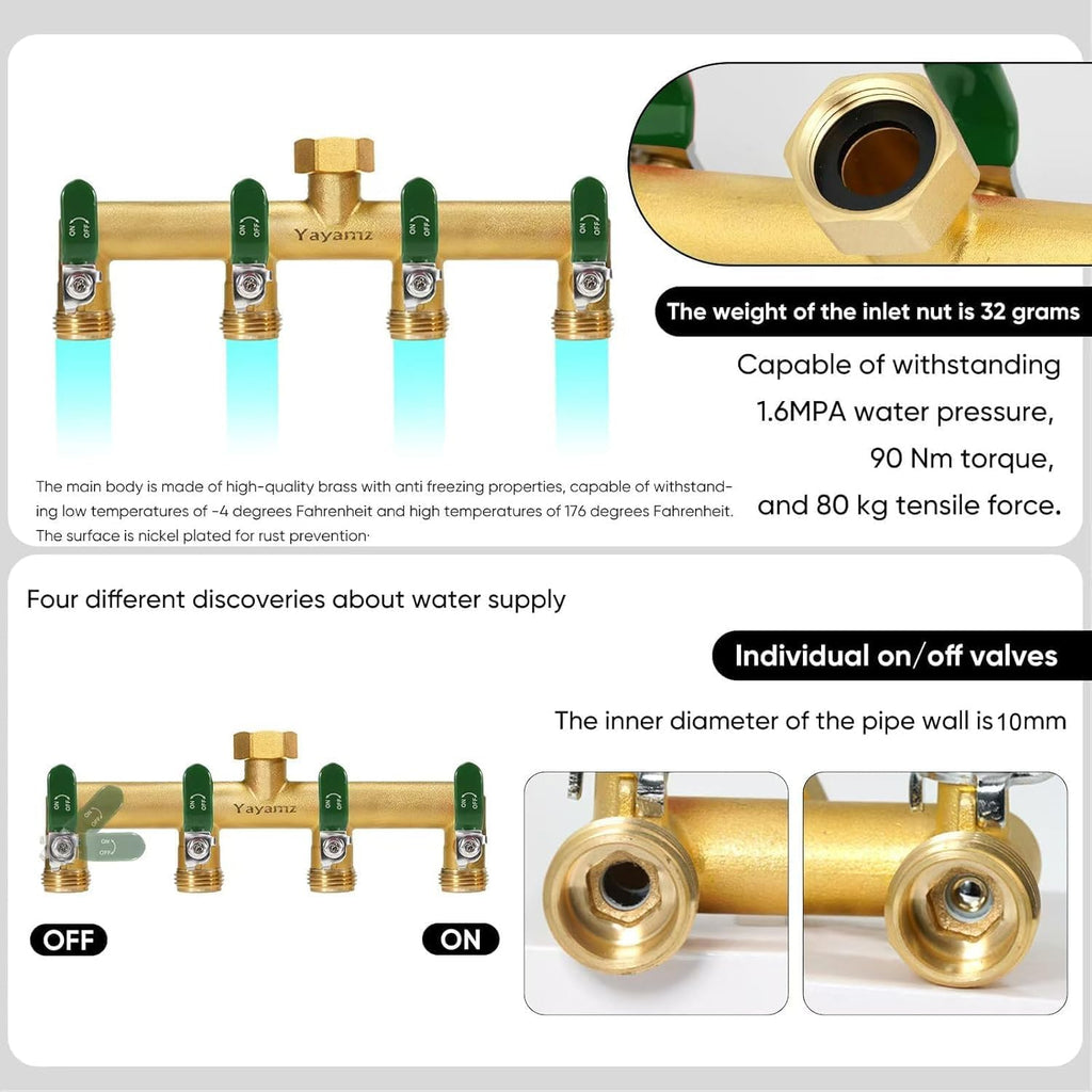 4 Way Garden Hose Splitter, 3/4" GHT Outdoor Water Spigot Splitter | Heavy Duty Solid Brass Body with Shut-off Valves &