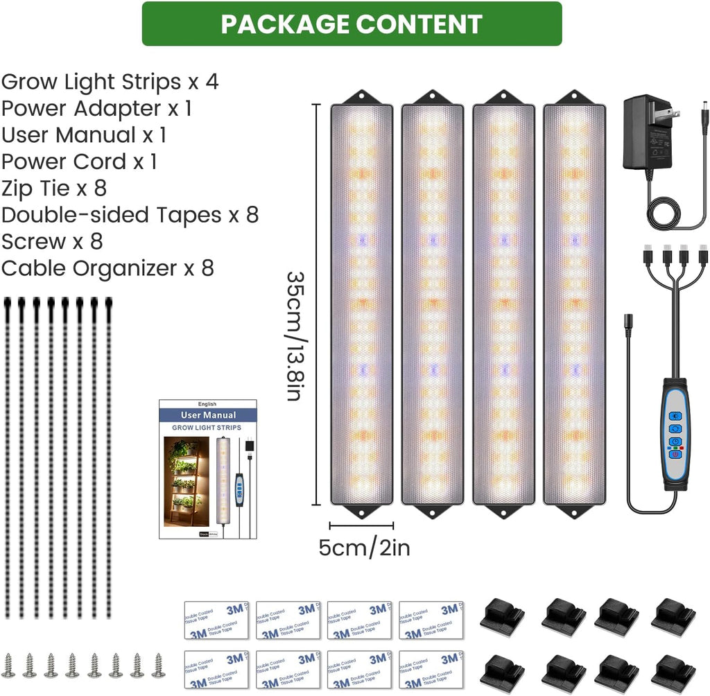 14in Grow Light Strip for Indoor Plants, Full Spectrum | 4 Bars, 105 White/Red/Blue LEDs per Strip, Timer & Dimming
