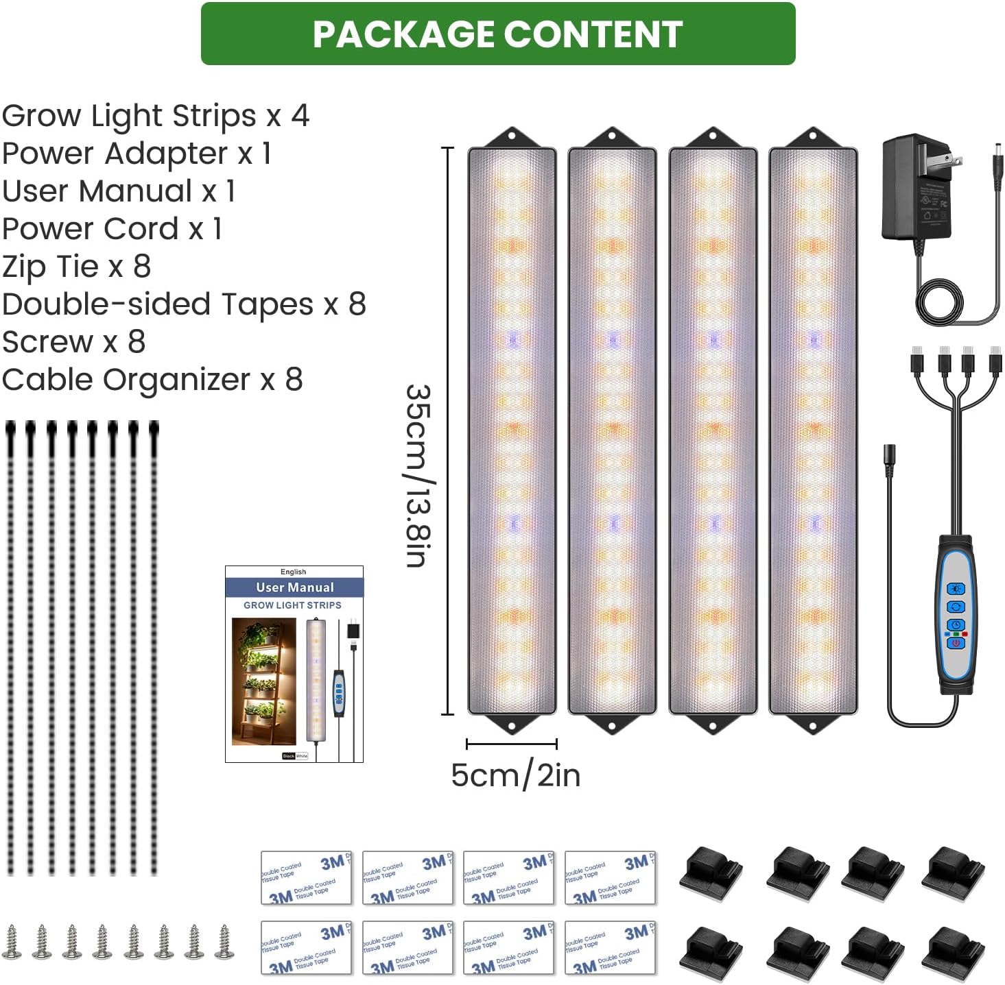 14in Grow Light Strip for Indoor Plants, Full Spectrum | 4 Bars, 105 White/Red/Blue LEDs per Strip, Timer & Dimming