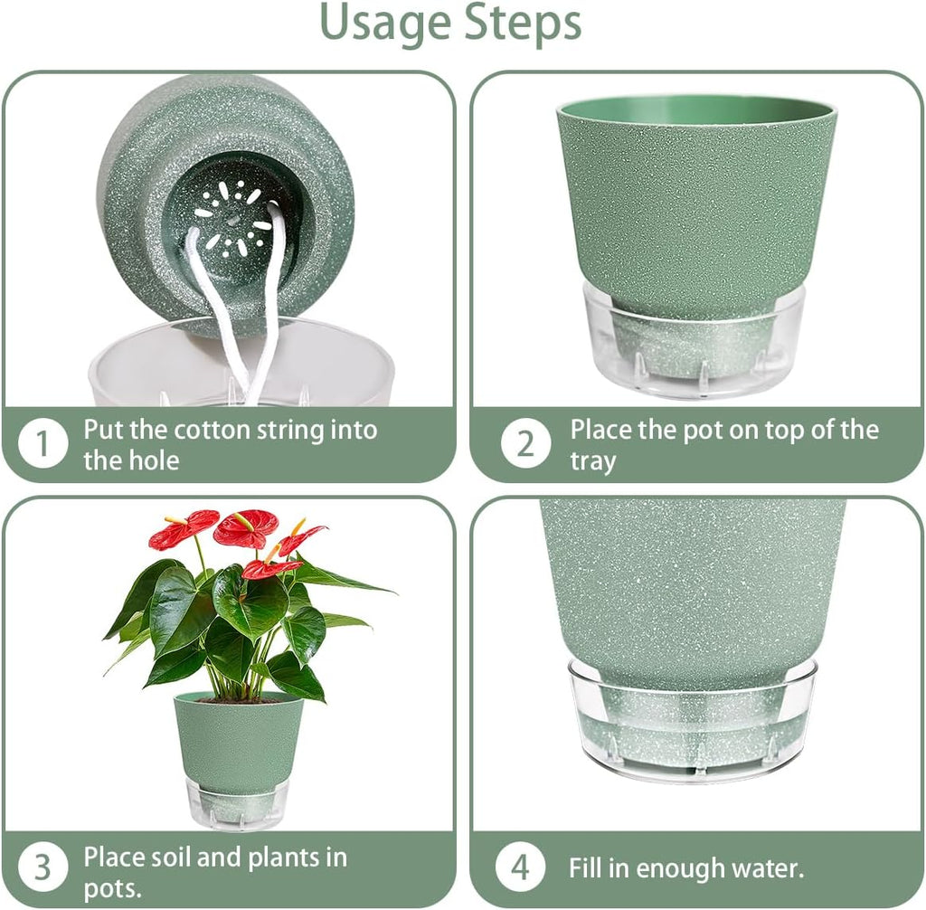 6-Inch Self-Watering Plant Pot with Visual Reservoir and Drainage Hole, Set of 5, Plastic Flower Pots, Planting Pot for