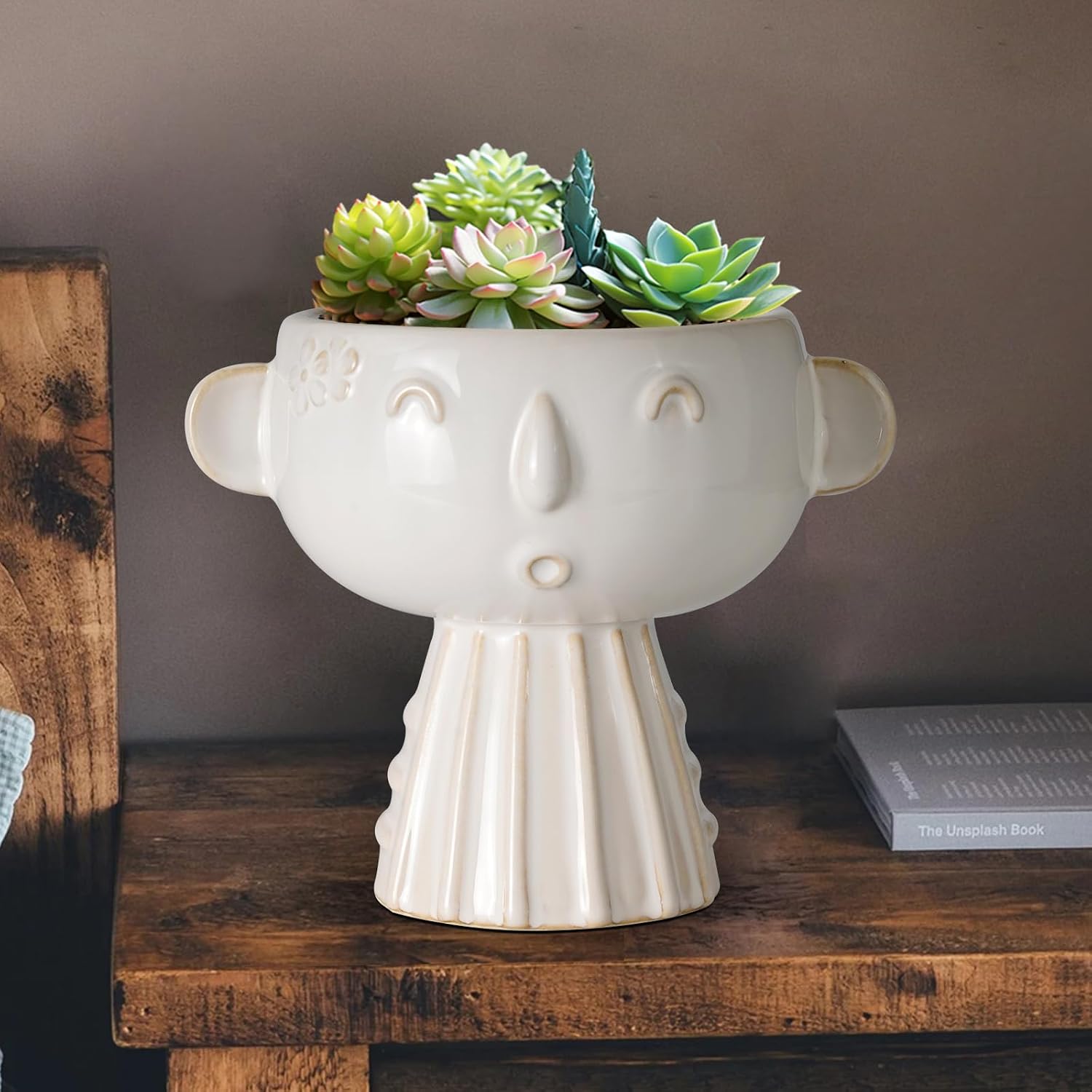 Face Planter Pot 7 Inch - Cute Ceramic Flower Head Planter for Indoor Outdoor Succulent Pot with Drainage Hole Flower