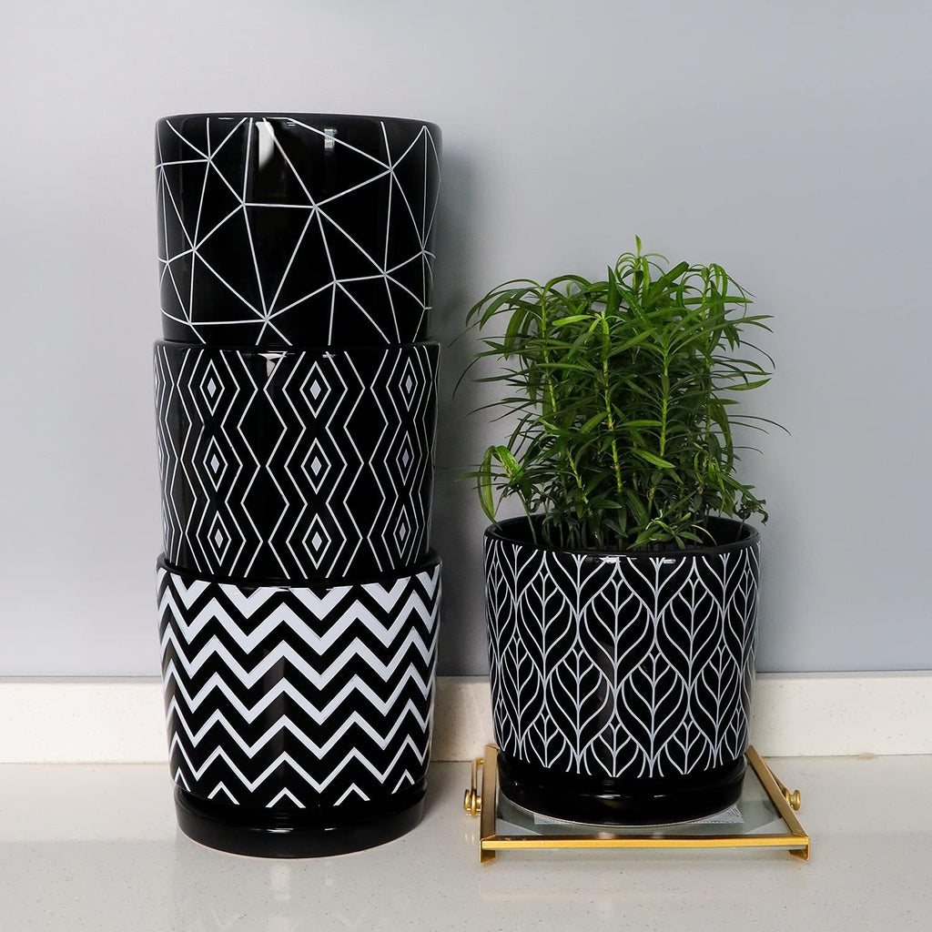 Flower Pots,5.5 Inch Black Ceramic Planters with Drainage Hole Set of 4 | Geometry Pots for Plants | Indoor Cylinder