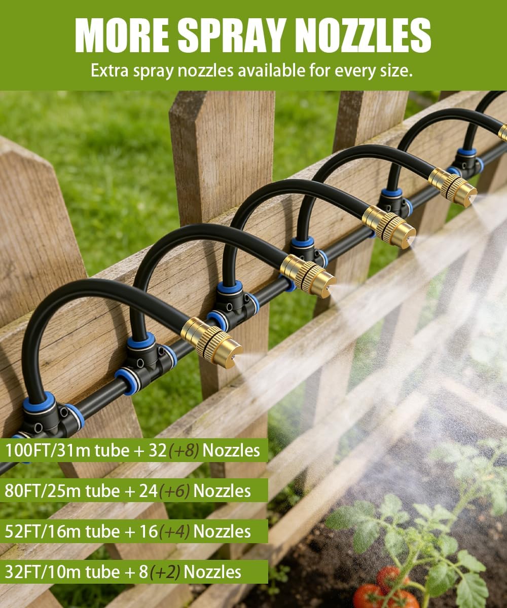 52FT 5/16" Misting Irrigation System for Garden with 20 Adjustable Nozzles | 360° Bendable Copper Nozzles, Quick