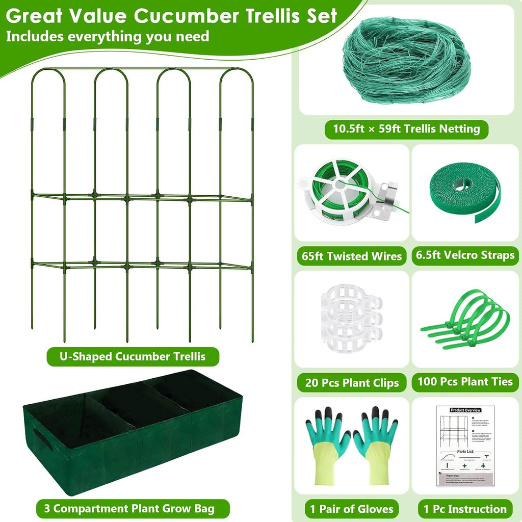 ROADPLUM Cucumber Trellis for Climbing Plants with Grow Bag, 61" Tall Metal U-Frame Garden Trellis for Raised Bed with