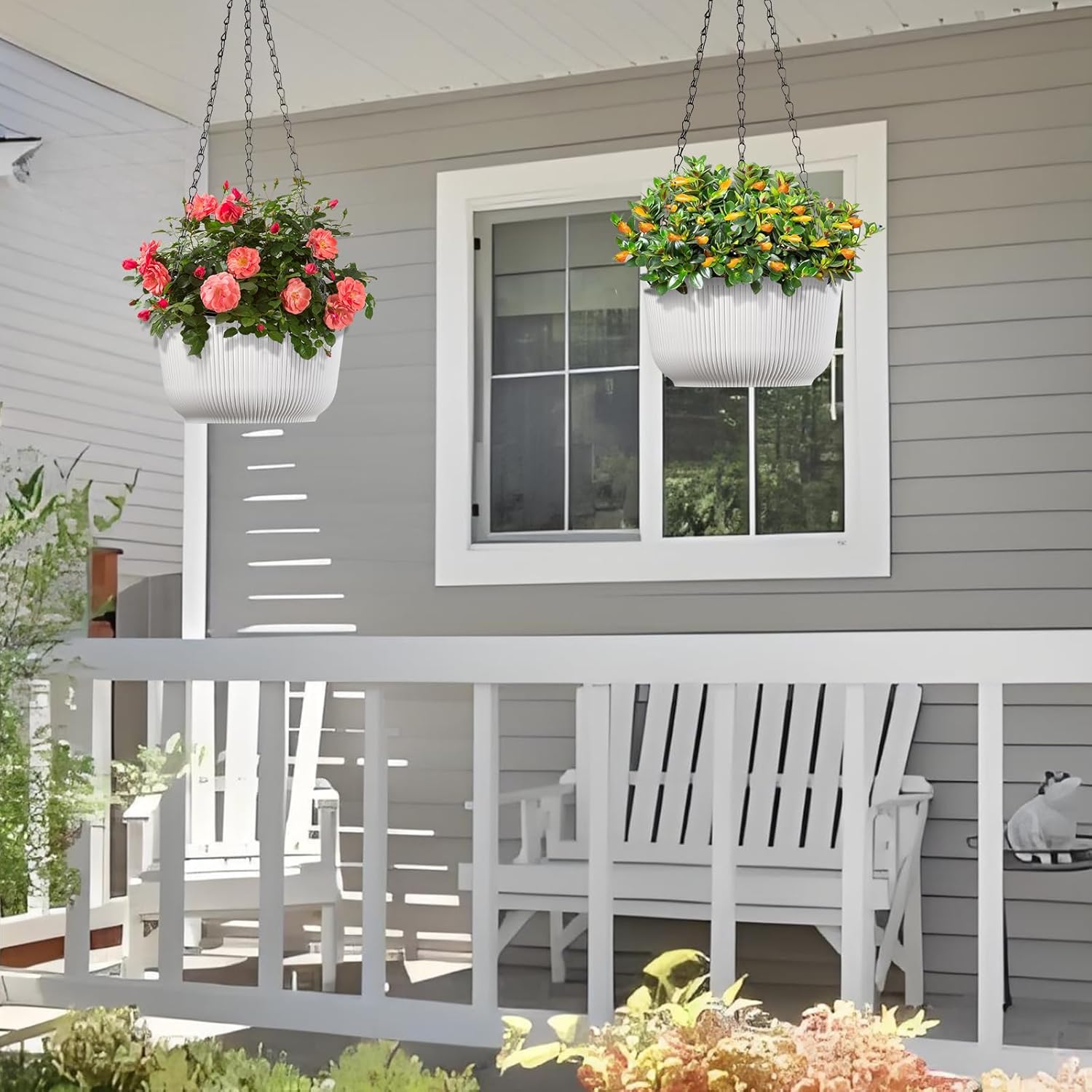 10 Inch White Hanging Planters for Outdoor Indoor Plants - Set of 2 | Self-Watering Hanging lant Pots with Internal