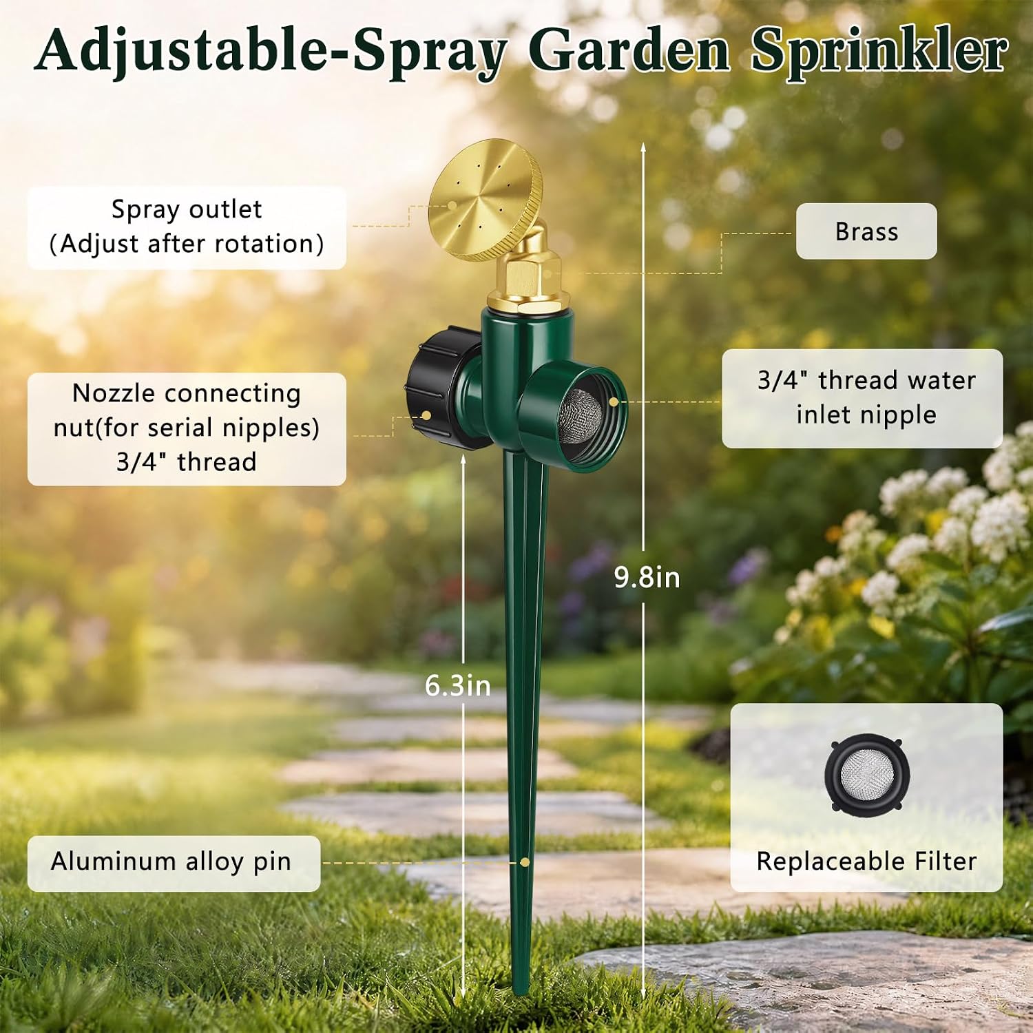 Tioncy 4 Pack Metal Lawn Sprinkler for Yard with Brass Nozzle & Aluminum Alloy Spike Base, Adjustable Automatic Garden