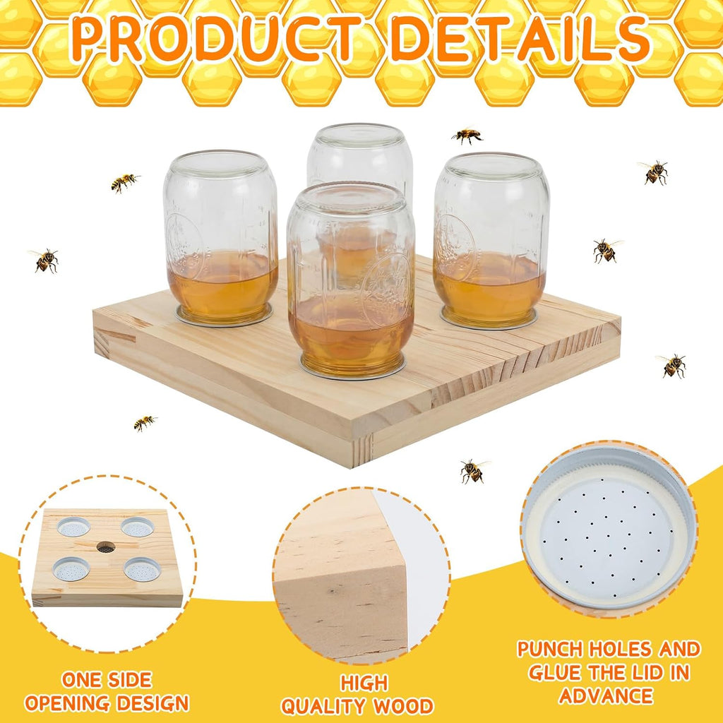 Rtteri 1 Pcs Bee Feeders for Hives with 4 Lids Wooden Honey Mason Jar Beehive Entrance Feeder for Beekeeping Bee