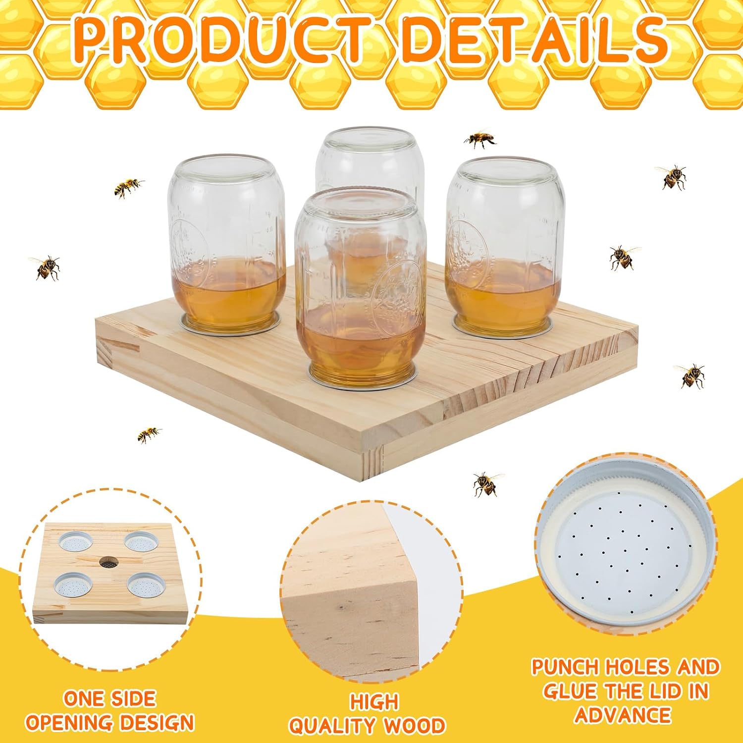 Rtteri 1 Pcs Bee Feeders for Hives with 4 Lids Wooden Honey Mason Jar Beehive Entrance Feeder for Beekeeping Bee