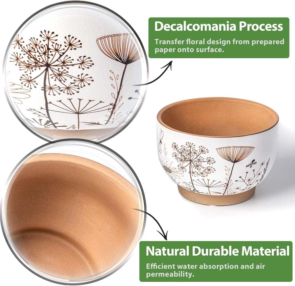 Terracotta Pots, 8+6 Inch Plant Pots, 2 Pcs with Drainage Holes | White & terracotta ceramic planters with botanical