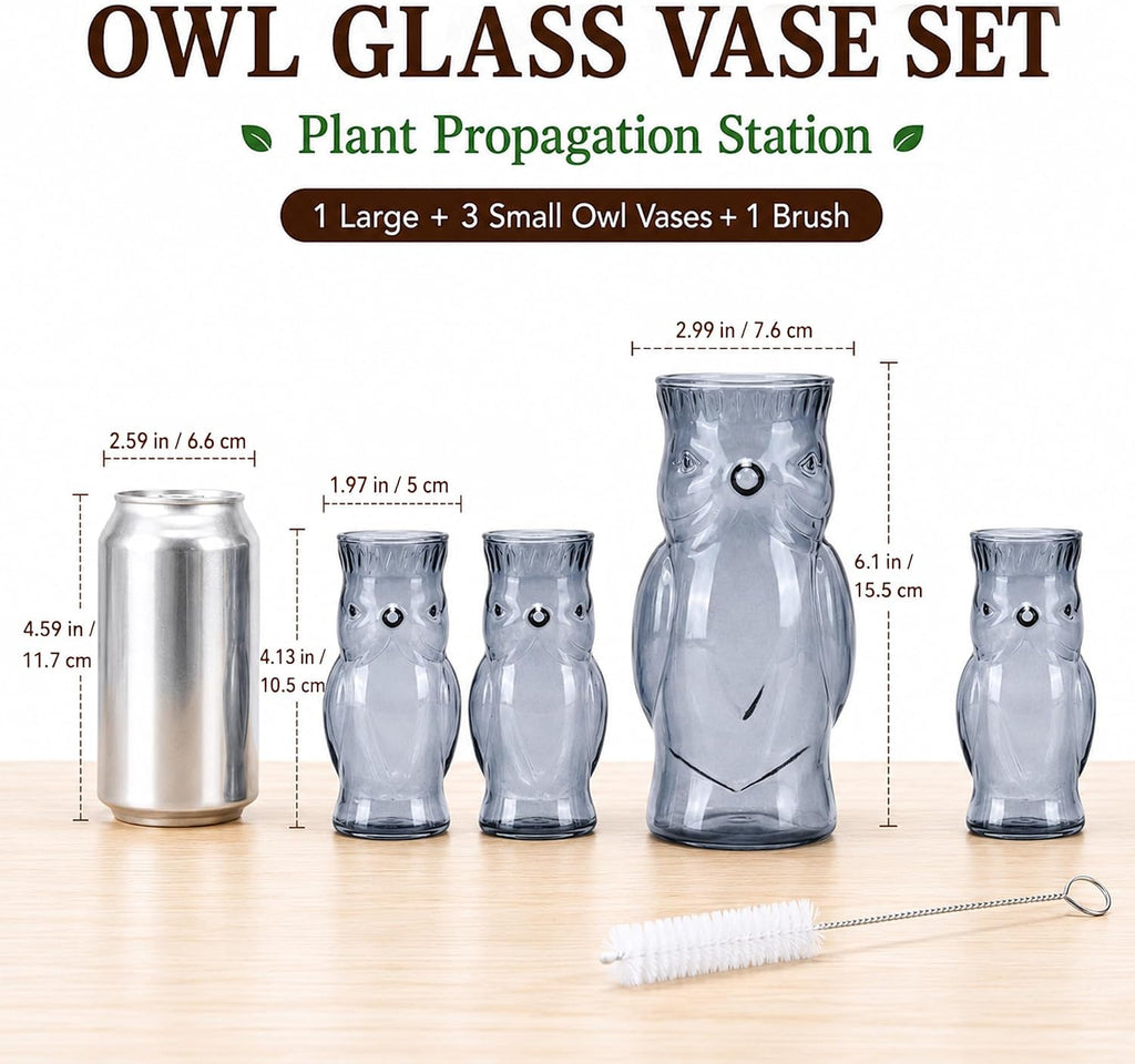 Owl Plant Propagation Station: Set of 4 Cute Grey Glass Vases | Small Plant Terrarium for Hydroponics, Home Office