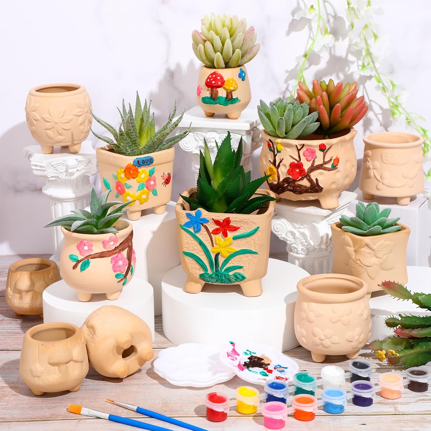 Hushee 12 Sets Ceramic Succulent Pots to Paint with Drainage | Paintable Succulent Plant Pots, 12 Styles, Small DIY