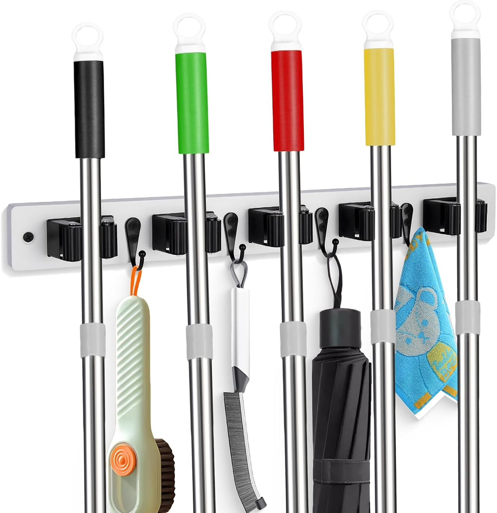 2 Pack Broom Holder Wall Mount With 5 Slots & 4 Hooks，Rustic Wood Broom & Mop Hanger，Wall Mounted Garden & Garage Tool