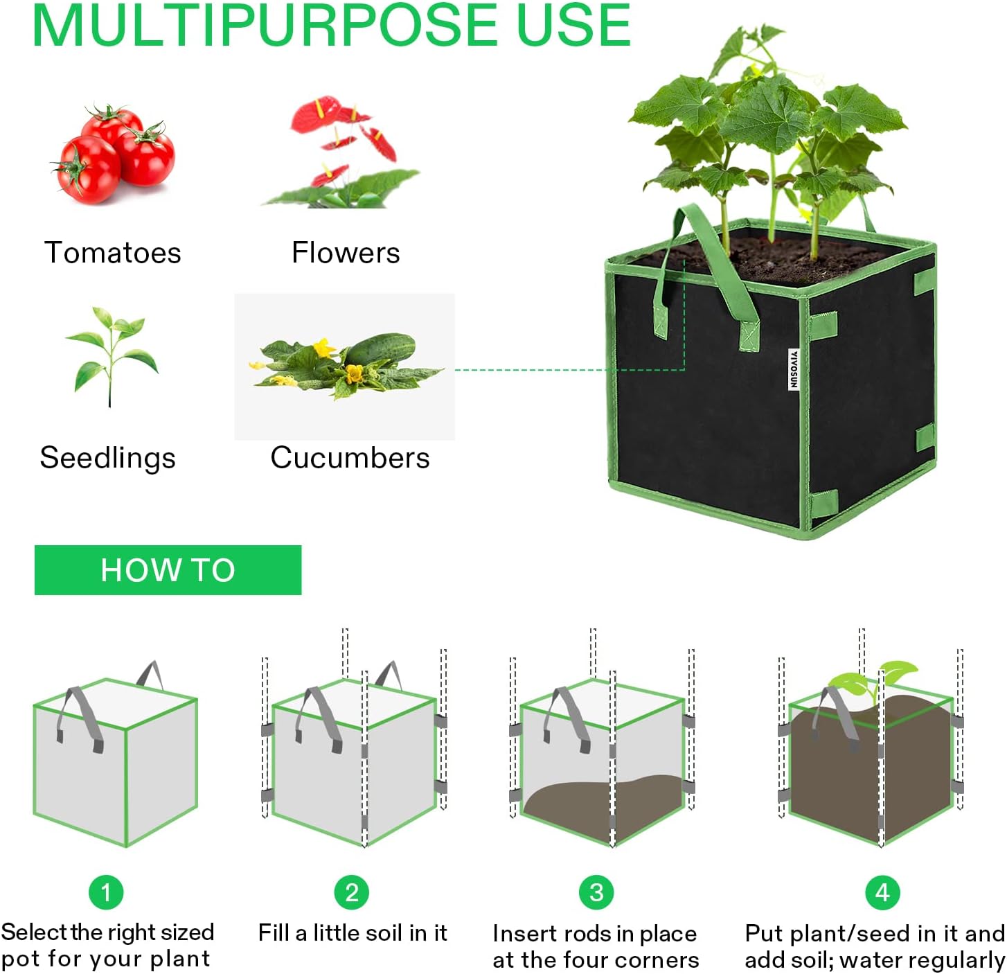 VIVOSUN 5-Pack 10 Gallon Square Plant Grow Bags with Handles | 260G Thickened Fabric, Built-In Stick Holders
