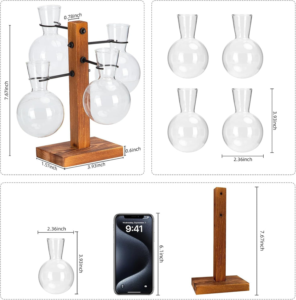 Plant Propagation Station with Wood Stand - 4 Bulb Glass Vases | Propagation Vases for Plants, Terrarium Kit for Home