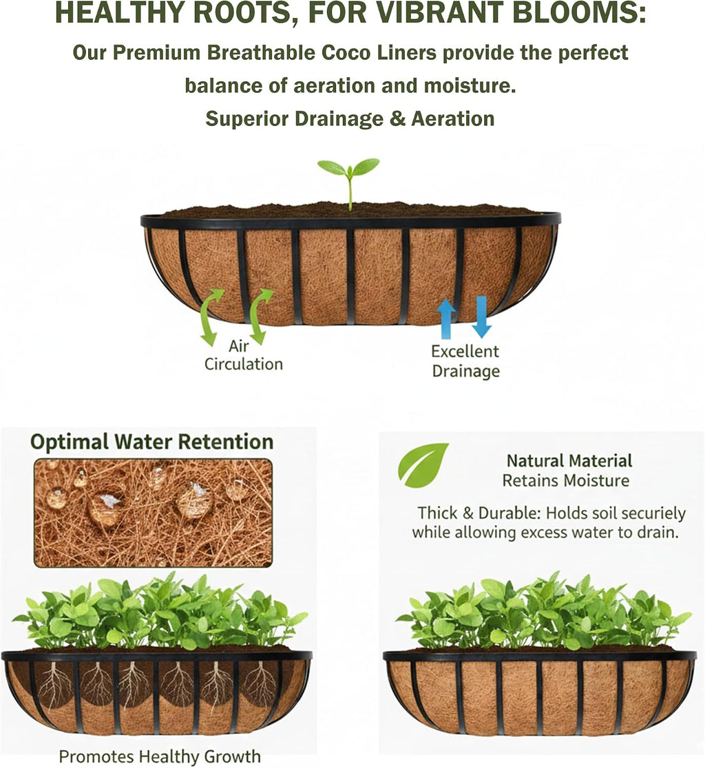 24“ Window Box Railing Planter with Coco Liner Metal Wall-Mounted Coconut Liner Planter Basket English Horse Trough