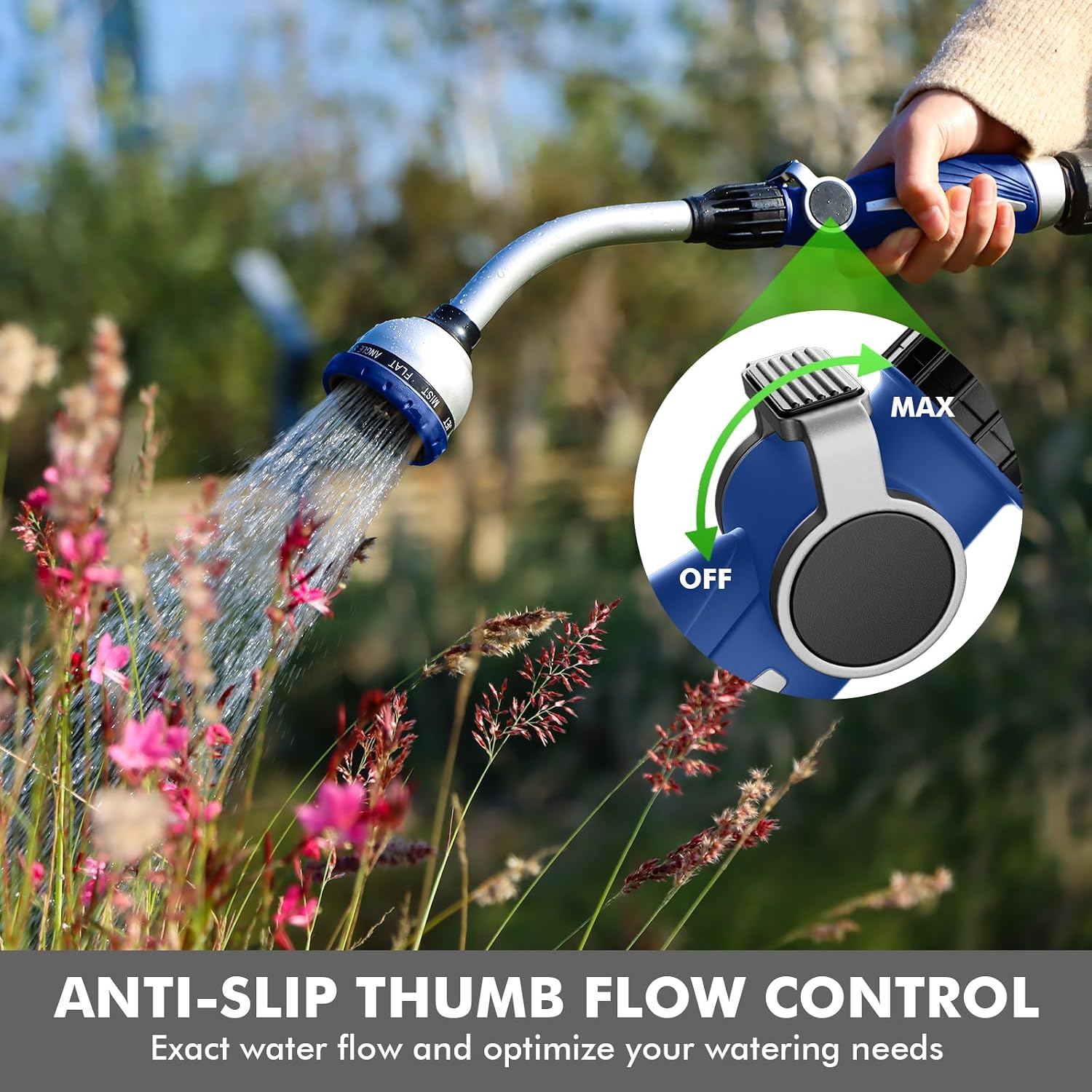 RESTMO Watering Wand Heavy Duty, 15-Inch Long Hose Nozzle Sprayer | 10 Spray Patterns & Thumb Flow Control, Metal