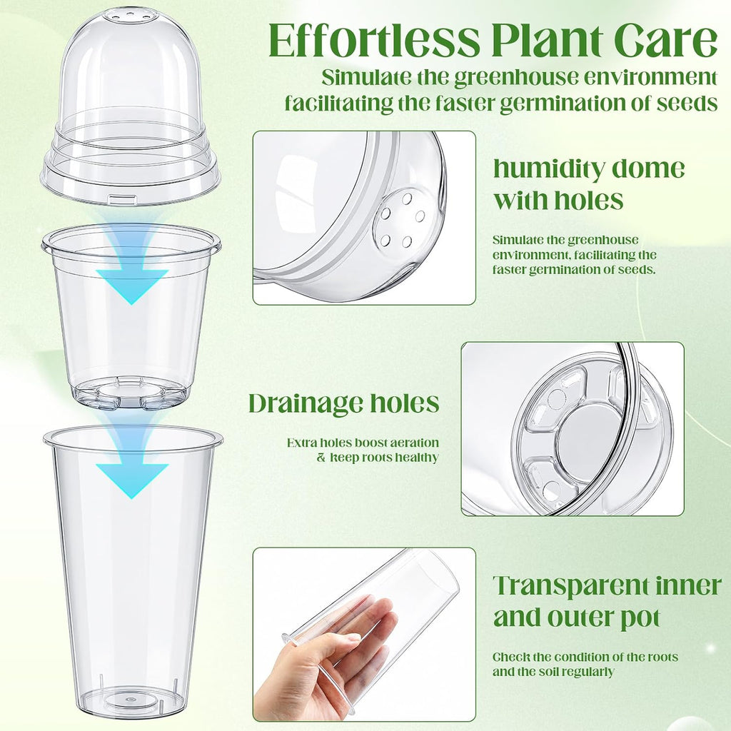 15 Pack 3.5" Self Watering Propagation Pots Clear Plastic | Nursery Cups with Humidity Dome, for Alocasia Corms