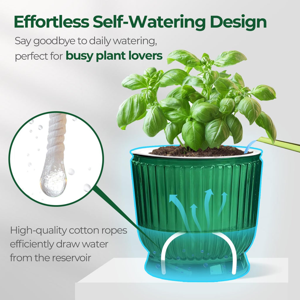 T4U Self Watering Pots for Indoor Plants 6 Inch 4 Pack Planter Green | Clear visible water level, Pothos ferns herbs
