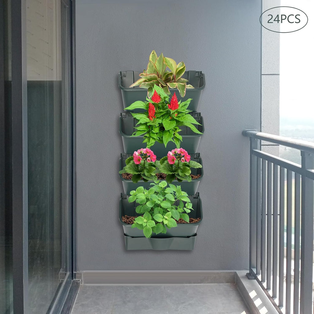 24 Pack Hanging Vertical Wall Planter,12.99inch Wall Mounted Planter for Patio Outdoor Decor,Home Army Green Plastic
