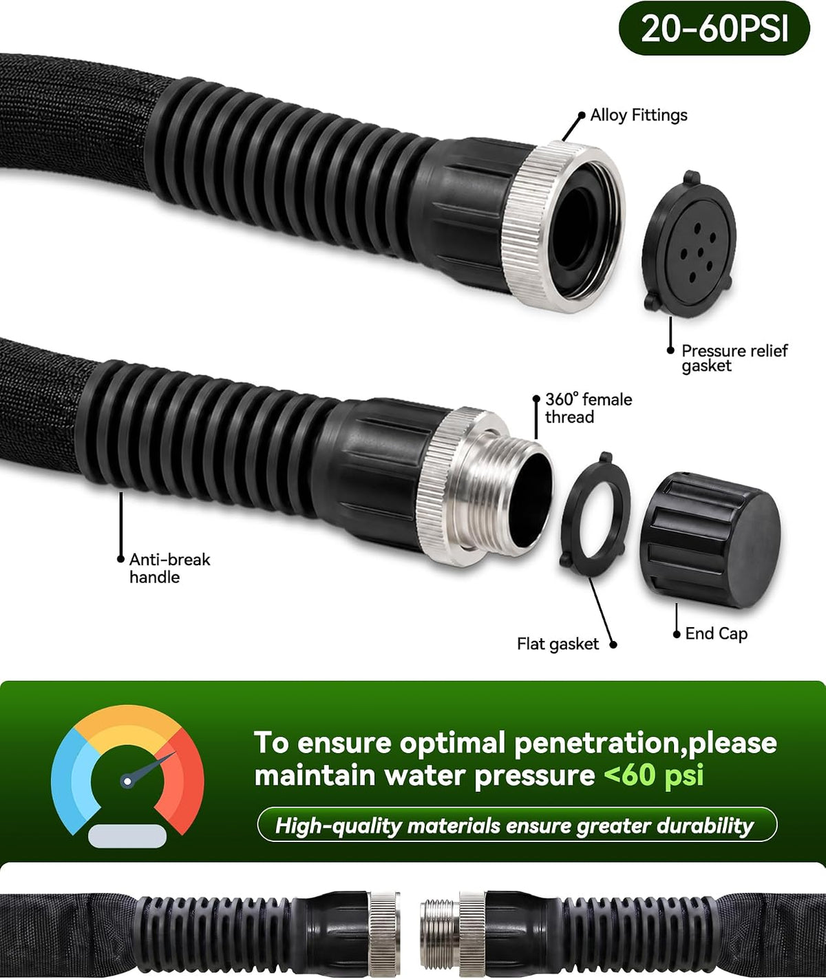 Flat Soaker Hose 50FT for Garden | Anodized Aluminum Connectors, Linkable DIY Drip Hose, Leakproof Double Layer