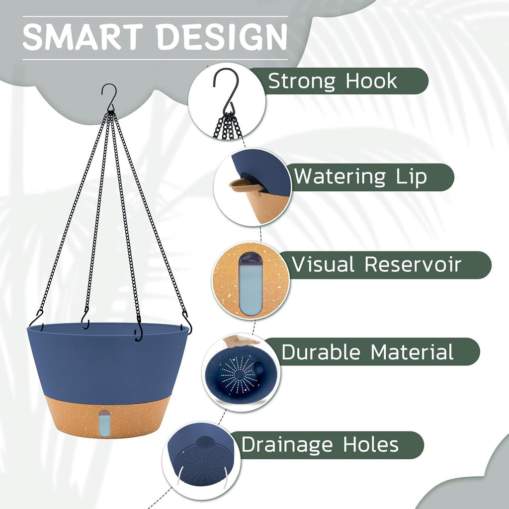ZMTECH 12 Inch Hanging Planters for Indoor Plants, Large Blue Self Watering Hanging Planter with Visible Water Level &
