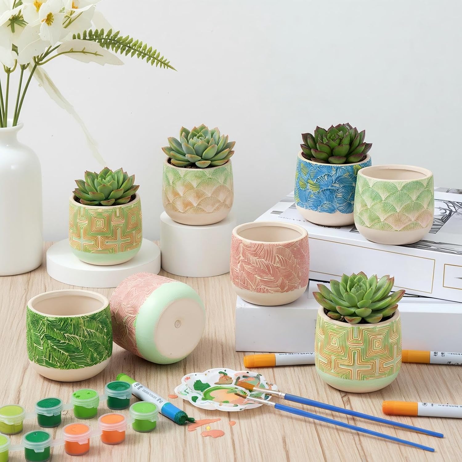 Zubebe 12 Pcs Paint Your Own Ceramic Pots Bulk Unfinished Succulent Pots Craft Kit with Drainage Hole Mini Paintable