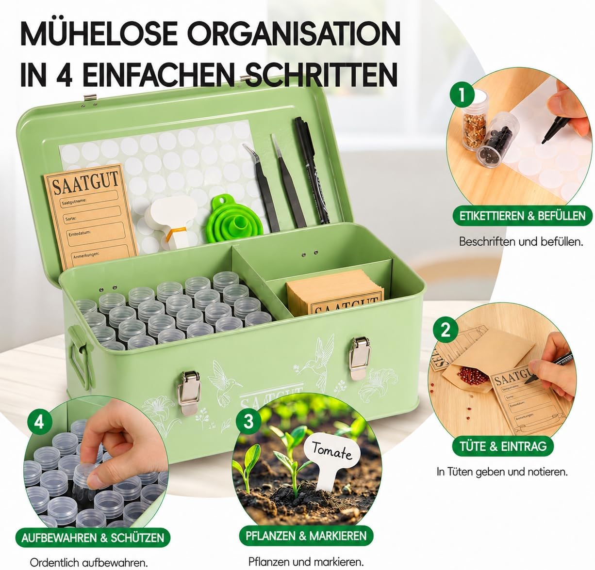 60 Slots Seed Organizer Storage Box with 3 Compartments,Large Metal Garden Seed Organizer with Lid&Safety Locks,Seed