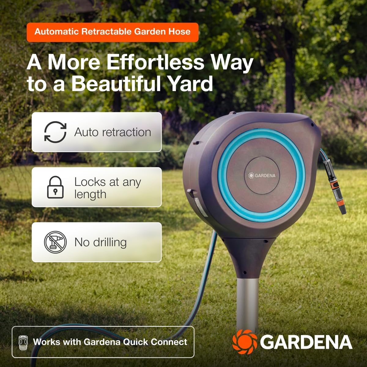 GARDENA Automatic Retractable Garden Hose Reel - 66 Feet - 360 Degree Swivel Outdoor Hose Reel with Metal Spike Base